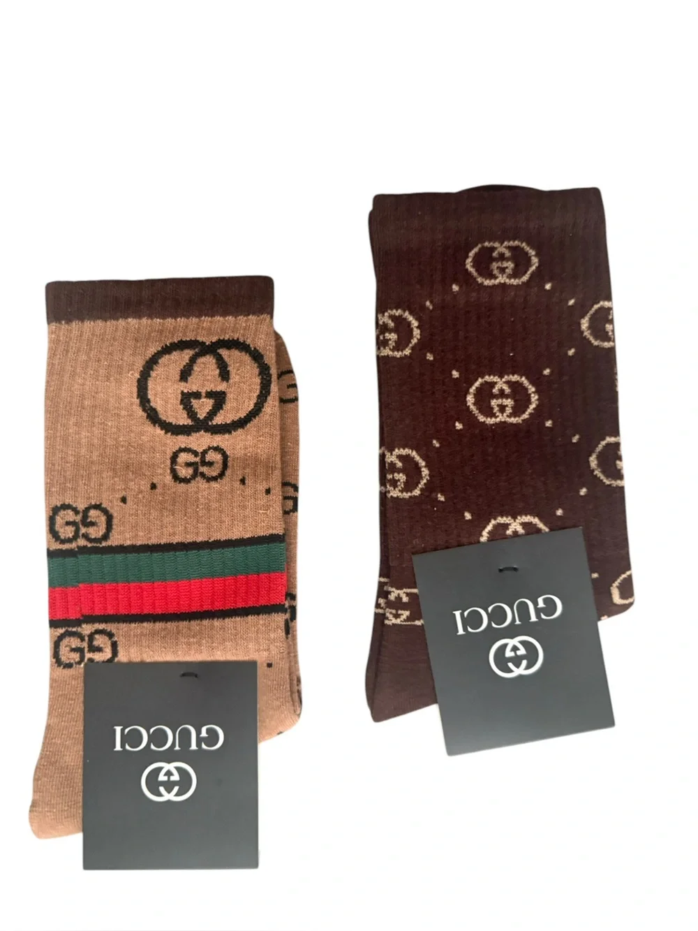 2 Pair Gucci Outlet Men's Logo Crew Socks in Brown and Tan with Web Stripe
